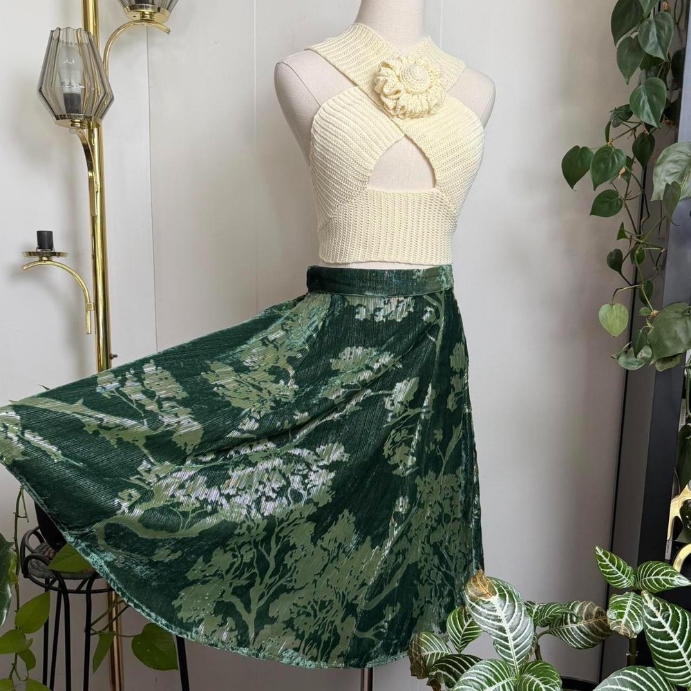 ModCloth Green Velvet Burnout Floral Metallic Midi Skirt Medium Holiday Skirt